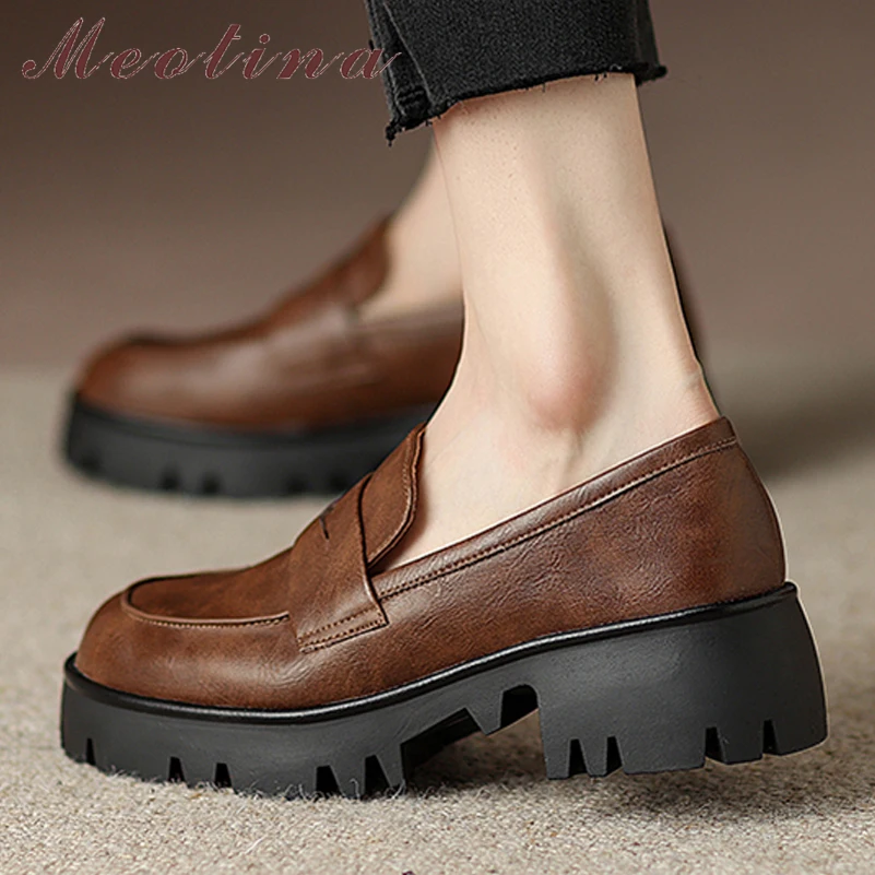 Meotina Women Genuine Leather Round Toe Platform Block Mid Heels Pumps Fashion Casual Ladies Spring Autumn Shoes Brown 40