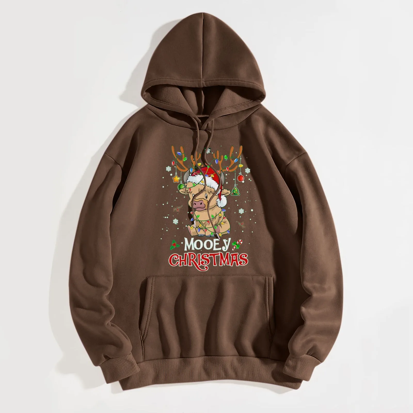 

Women MOOEY CHRISTMAS Hooded Sweatshirt Merry Christmas High Land Cow Sweatshirt Hooded Round Neck Long Little Girl Hole Sleeve