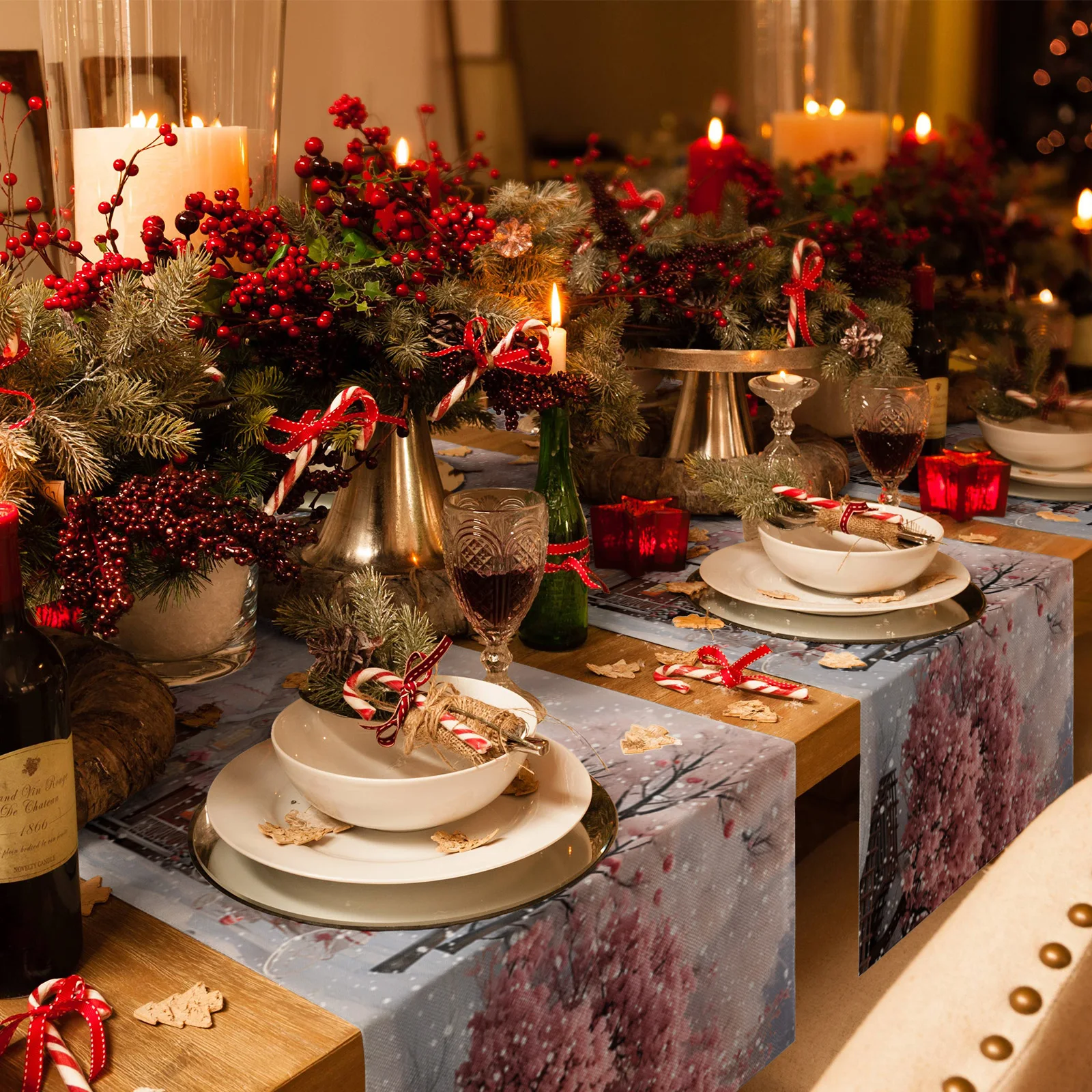 Рождественский снеговик снежная сцена розовый дом дорожка для стола декор 2024