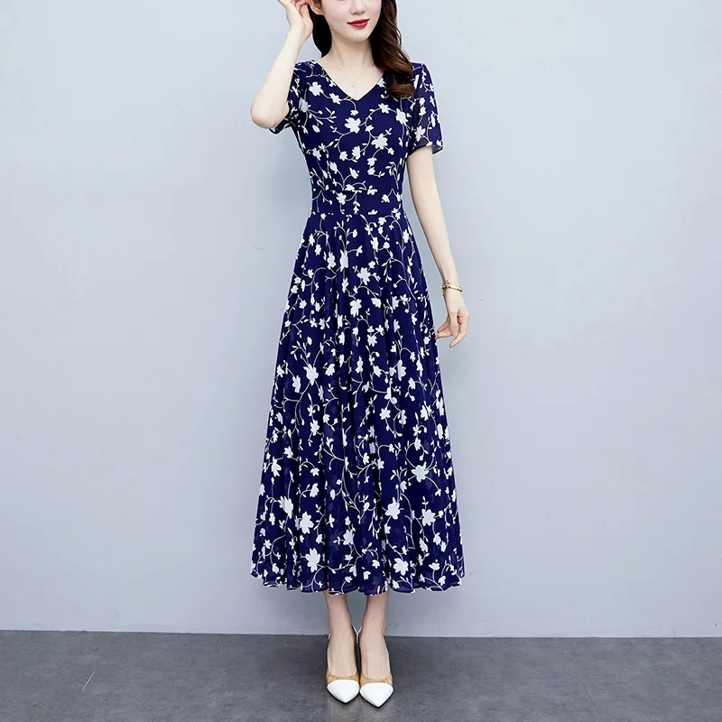 

Women Chiffon Print Floral Dress Women Summer 2023 New Fashion Elegant Party Dresses V-neck A-line Vestidos