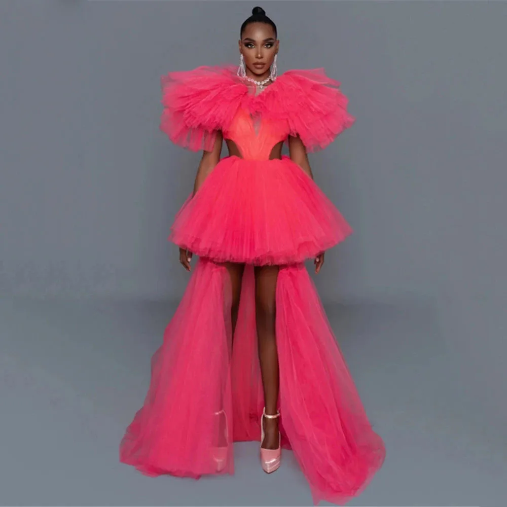 Hot Pink Fluffy Tulle Short Party Dresses with Detachable Skirt Puff Sleeve High Low Prom Gowns Overskirt Formal Occasion Dress