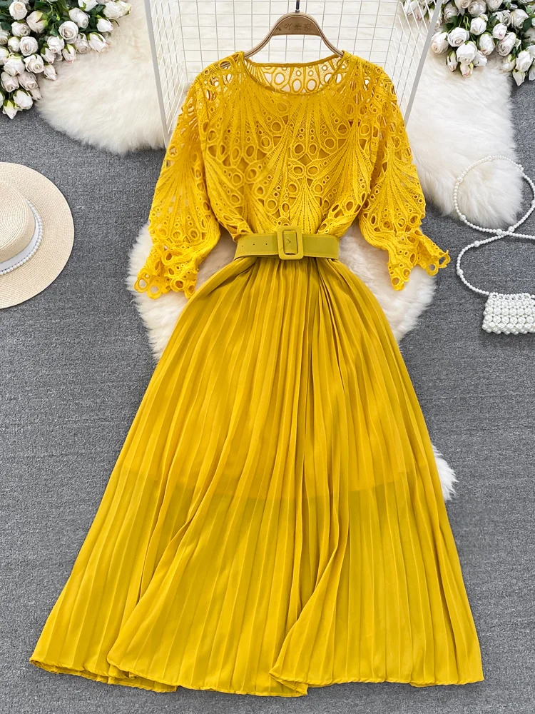 

Женское кружевное плиссированное платье макси, винтажное ажурное длинное платье с круглым вырезом в стиле пэчворк, желтое/фиолетовое/синее...