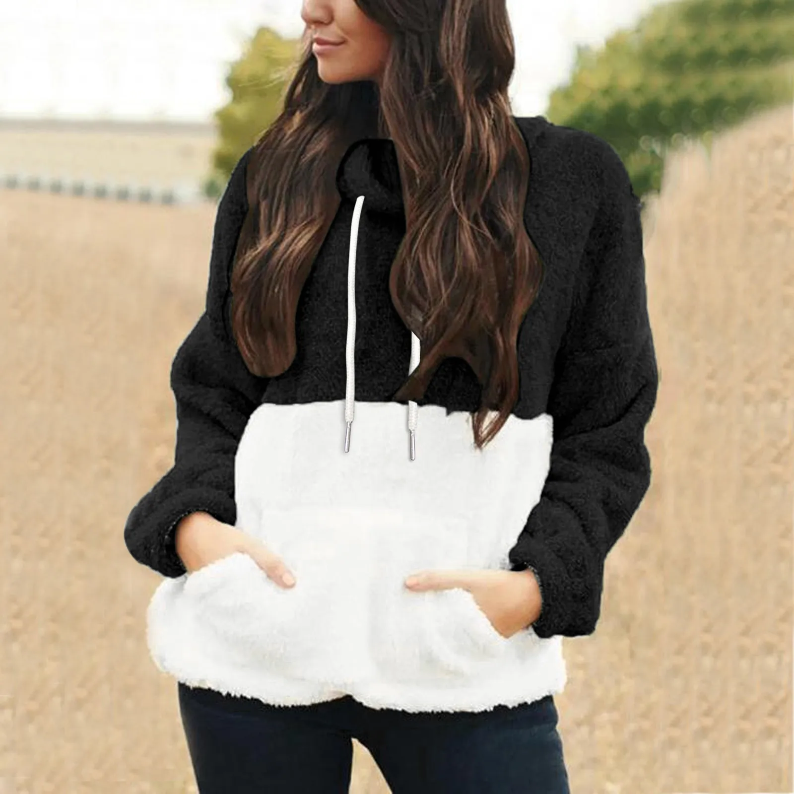 

Women Blouse Patchwork Pocket Long-Sleeved Drawstring Hoodie Warm Sweatshirt Top Womens Hoodies Zip up Hoodie Dress Women Winter