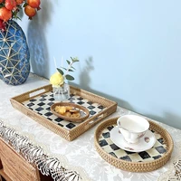 rattan storage tray creative natural shell black white checkerboard tray home living room organizer decorative storage supplies