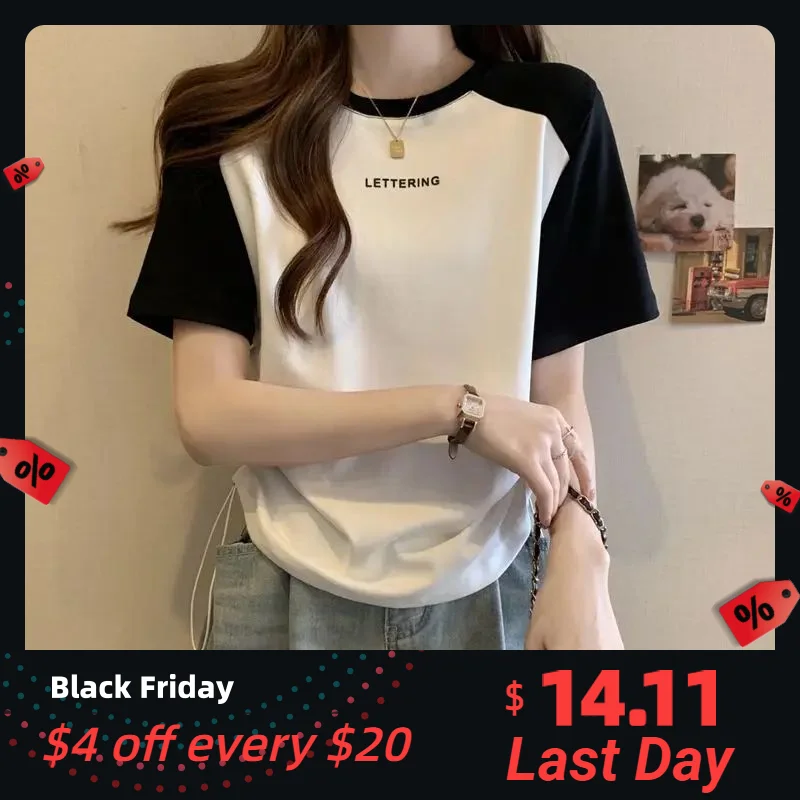 

Yasuk Summer Fashion Casual Pullover Women's Short Sleeve Cotton Tees Top Simple Sport Solid Patchwork
