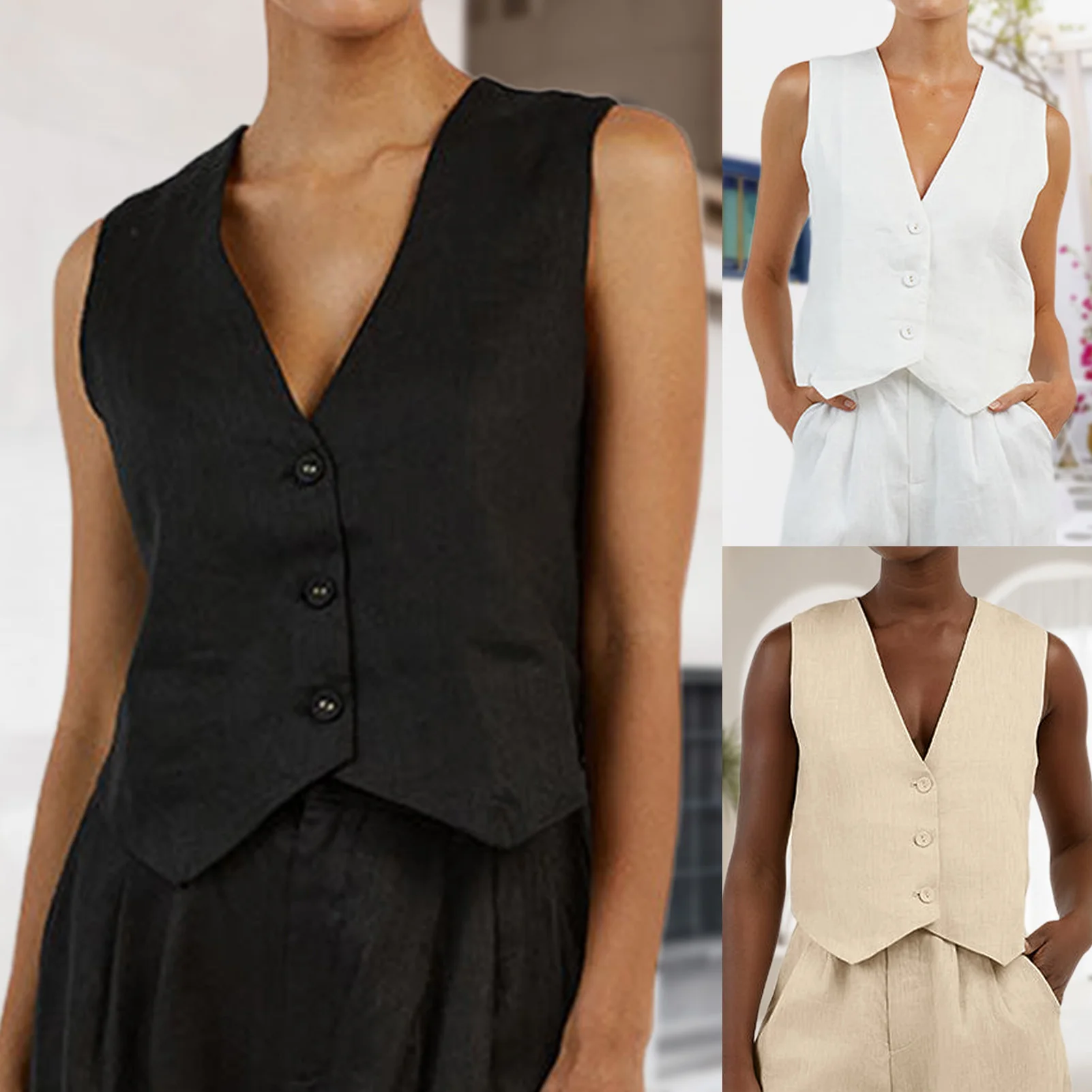 

2023 Fashional Women's Vest Summer Sleeveless Tank Tops Female Vintage V-Neck Single-breasted Short Vests Casual Tops Coats Chic