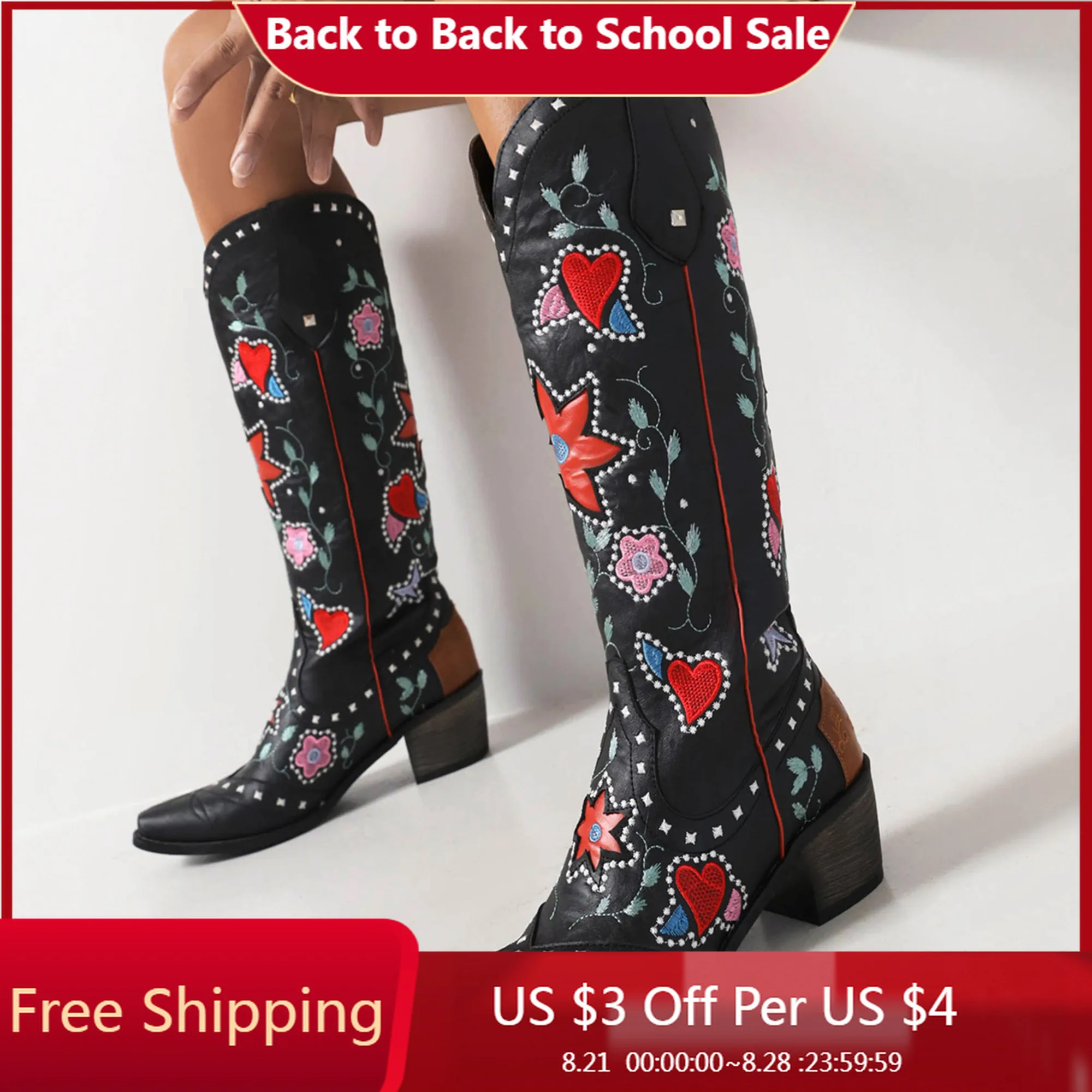

【ENMAYER】Big 44 Oversized Retro Embroidered Boots With Love Patterns, Tapered Thick Heels Pointed Toe Plush Lining Women's Boots