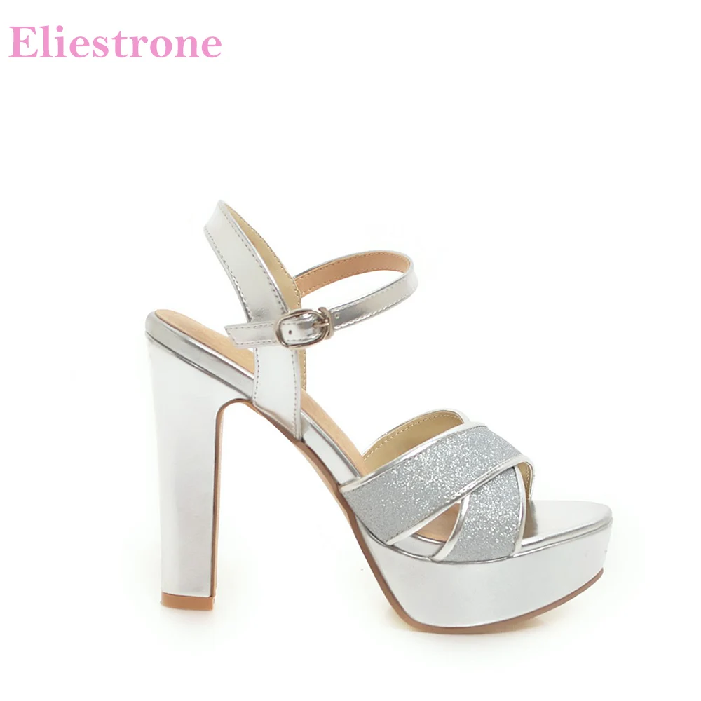 

Brand New Elegant Silver Black Women Platform Bridal Sandals High Square Heels Lady Party Shoes AC752 Plus Big Size 10 43