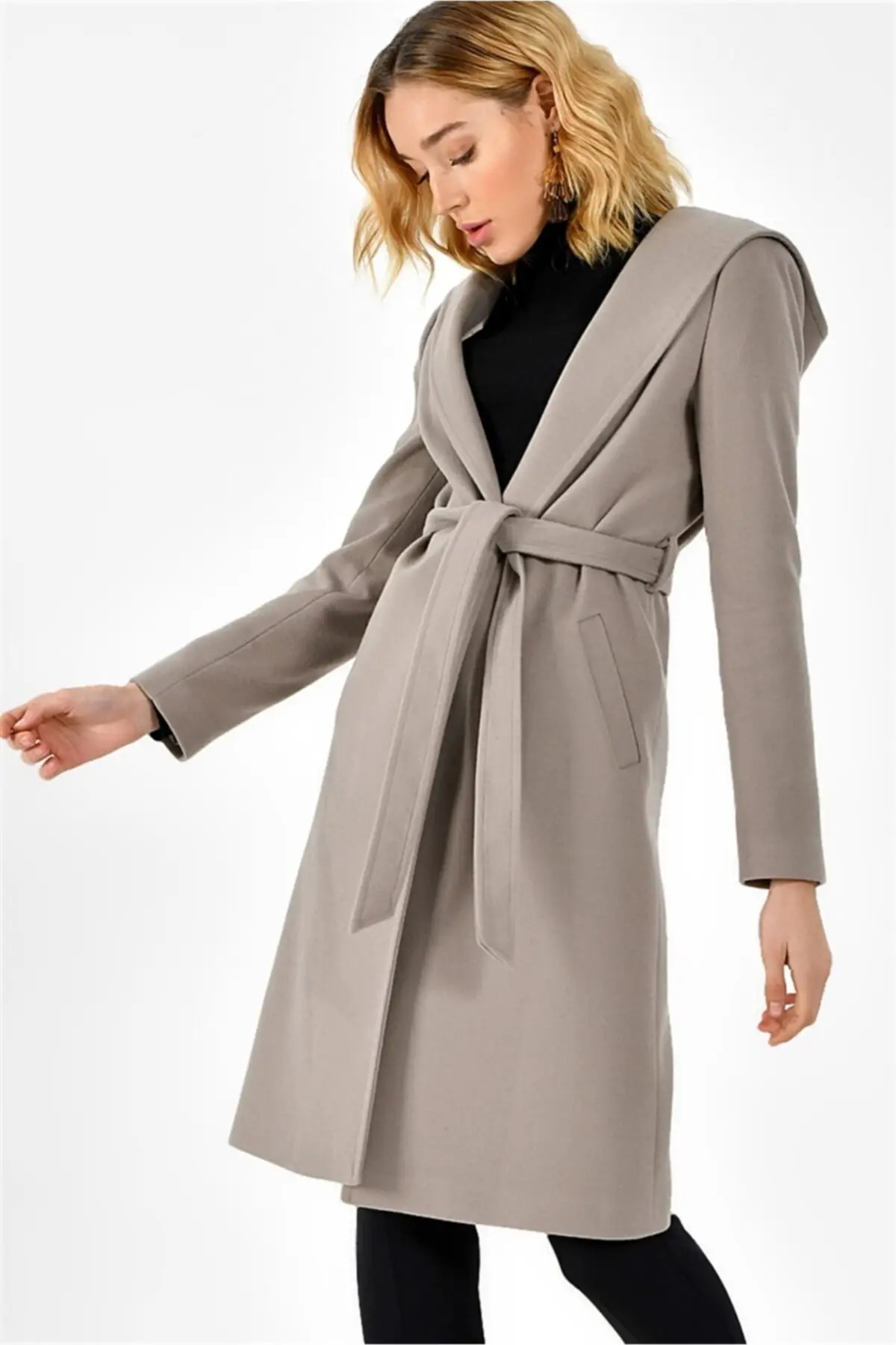 Women's Coats Beige Long Belt Pocket Hooded Thick Stylish Elegant Useful 2021 Winter Autumn Fashion Outerwear Coats