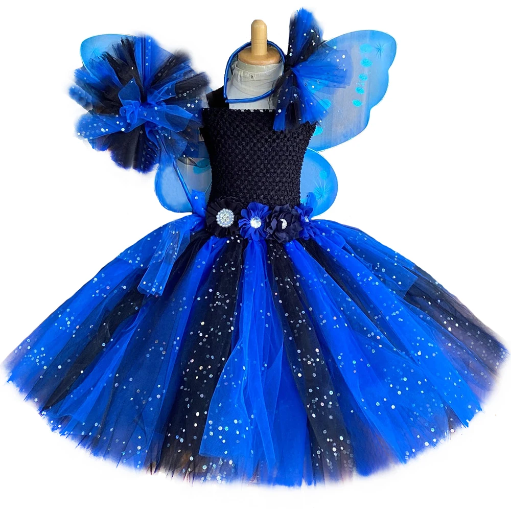 

Sparkly Blue Black Fairy Tutu Dress for Girls Birthday Party Gown Flowers Tulle Princess Dress Kids Halloween Costumes Wings Set