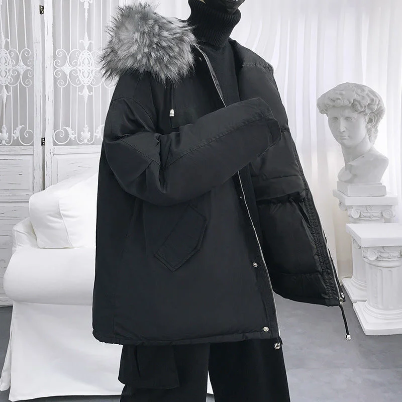 Winter Jacket Men Warm Fashion Casual Fur Collar Hooded Thick Jacket Men Korean Loose Black Short Coat Mens Parker Clothes M-2XL