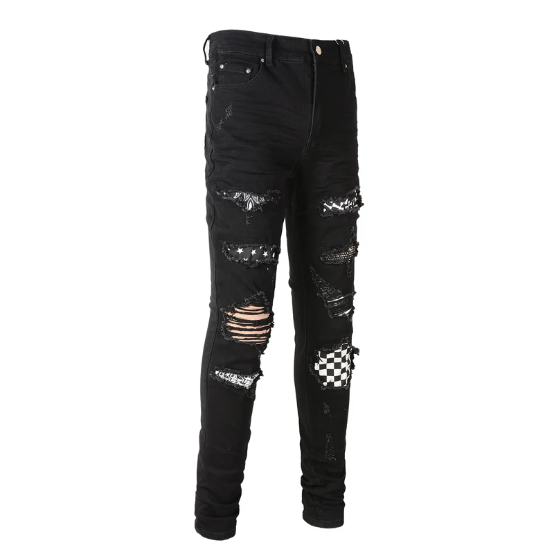 Street Fashion Men Jeans Black Elastic Slim Fit Ripped Jeans Men Hole Trousers Patch Designer Brand Hip Hop Stretch Denim Pants