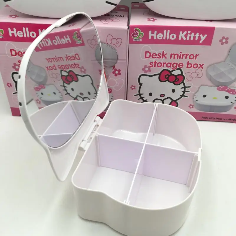 Kawaii Hello Kitty Коробка для хранения с зеркалом Мультяшный Kt Cat Bow Multi Grid ювелирных