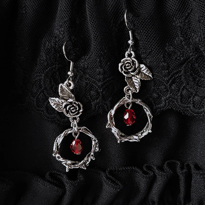 

Creative Design Goth Thorn Vine Rose Flowers Hanging Earrings for Women Red Crystal Pendant Hook Earrings Party Festival Jewelry