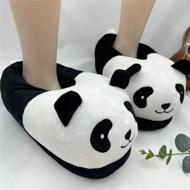 

BEVERGREEN Black White Cartoon Panda Slippers Women Home Slippers Winter Warm Ladies Plush Shoes One Size Fluffy Girls Sliders