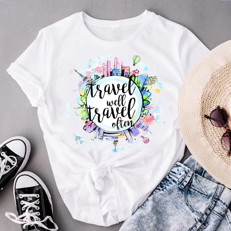 

Women Fashion Lady Travel Watercolor Sweet New Clothes Short Sleeve Print Tops Tees Female O-neck Summer Tshirt Graphic T-Shirt