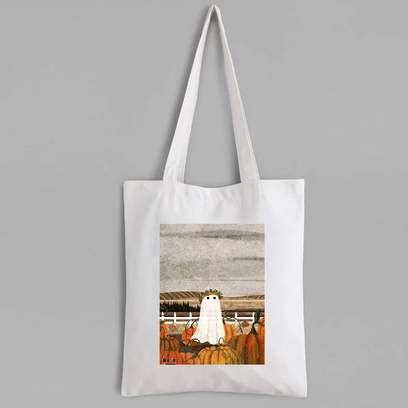 

There's A Ghost In The Pumpkins Patch Again Canvas Tote Bag Custom Bags with Logo Halloween Pumpkin Party Fashion Tote Bag New