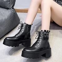 autumn winter new black boots women pu leather high heel thick heel short boots women platform motorcycle boots shoes 2022