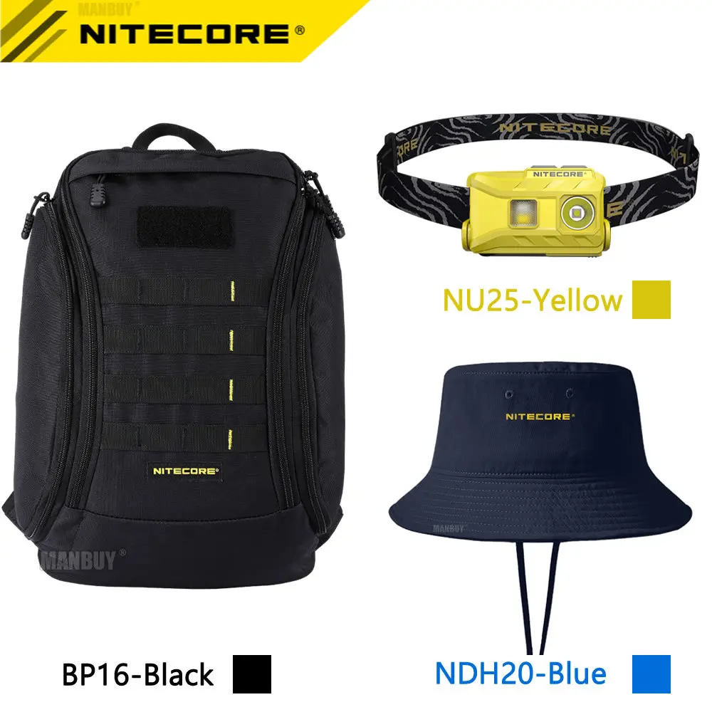 

2020 nitecore NU25 Rechargeable Headlamp+ BP16 Backpack+NDH20 Boonie Hat Extermely Dry Experience for Outdoor Travel Sports Suit