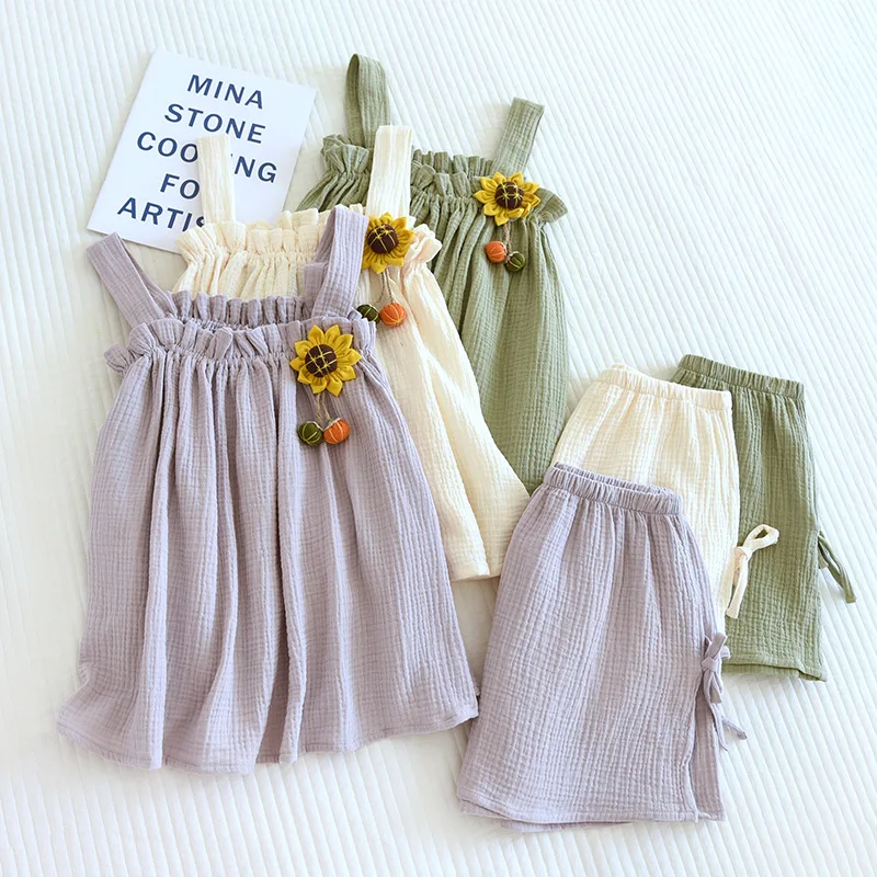 

2023 summer new women's pajama suit 100% cotton crepe suspenders+shorts thin cute home clothes two-piece set sleepwear pajamas