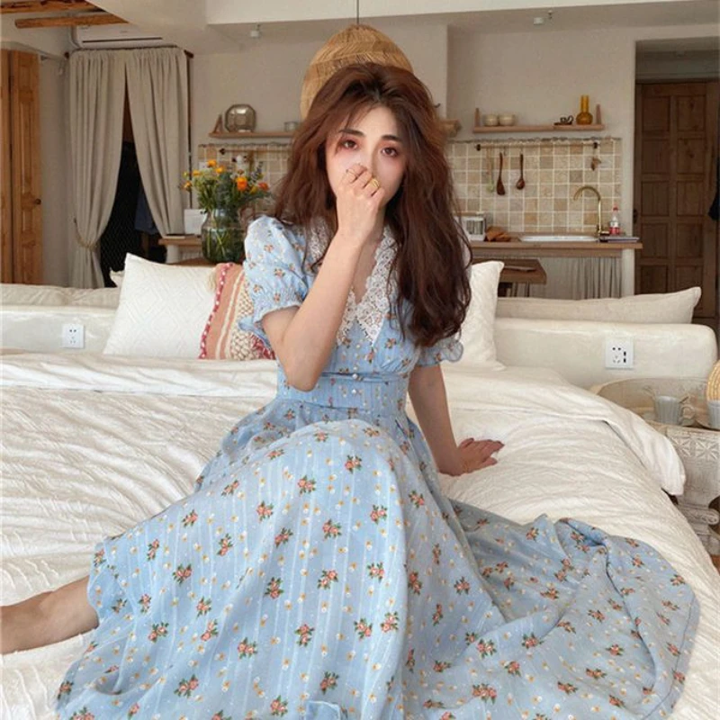 

Женское кружевное платье-миди с пышными рукавами, элегантное однотонное платье-трапеция с V-образным вырезом, Сетчатое платье для свадьбы, л...