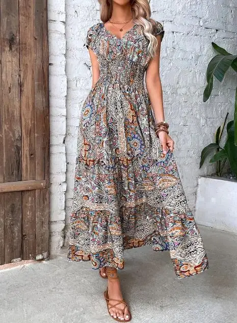 

Dresses for Women 2023 Summer New Casual Style Fashion V-Neck Short Sleeve High Waist Bohemian Dress Beach Vacation