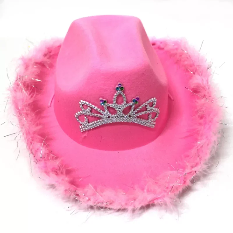 

2021 Western Cowboy Caps Pink Cowgirl Hat for Women Girl Tiara Cowgirl Hat Holiday Costume Party Hat Feather Edge Fedora Cap