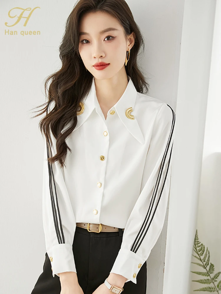 

H Han Queen 2023 New Single Breasted Blusas Simple Office Lady Chiffon Blouse Female Shirt Spring Top Casual Loose Blouses Women