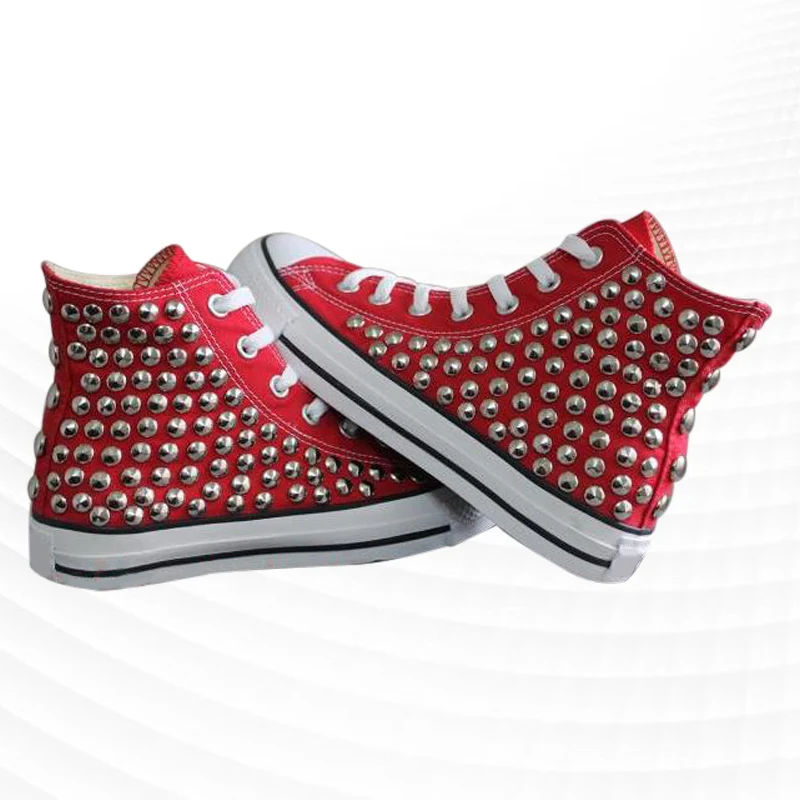 

Red high-top rivet canvas shoes street shooting hip-hop comfortable walking handmade rivet vulcanized shoes 35-46