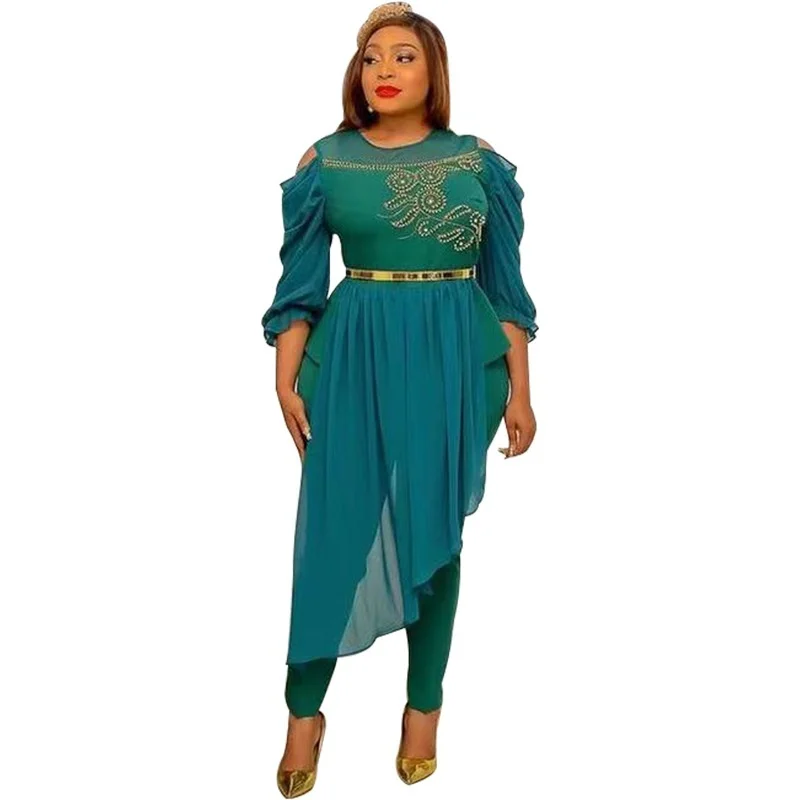 

African Dashiki Two Piece Sets Women Tops And Skinny Pants Matching Sets Fashion Solid Color Tracksuit Africa Women Sets