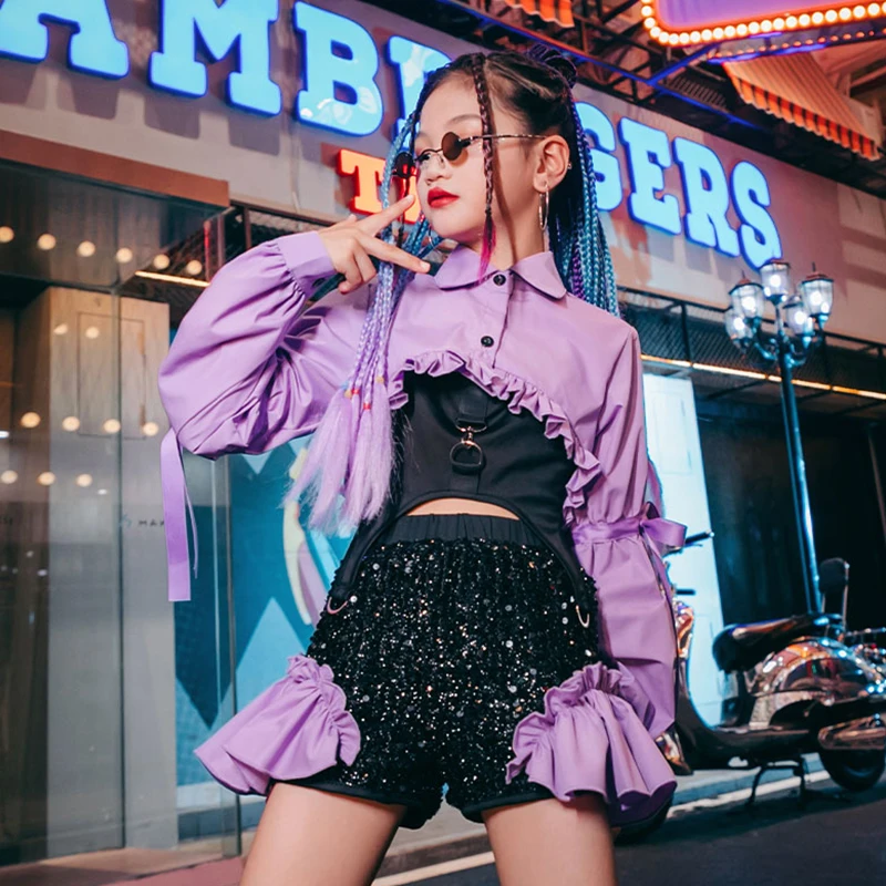 

Girls Kpop Outfit Jazz Sqeuins Dancing Clothes Hip Hop Stage Performance Costume Suit Street Dance Modern Dancewear 2022