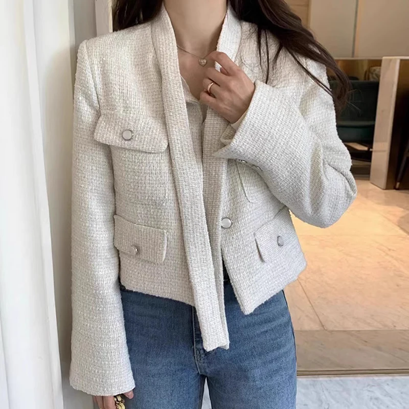 Женская твидовая однобортная куртка с длинным рукавом и лентами