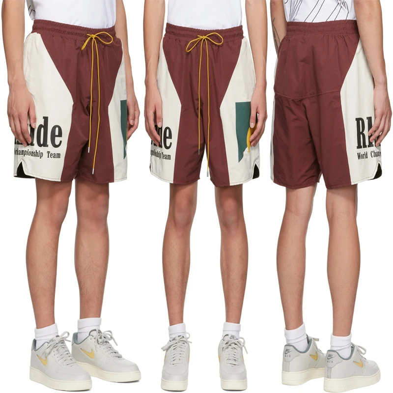 2023 Panel Logo RHUDE Short Pant Patchwork Sunset Print Men Women High Quality V Shape Mesh Beach Drawstring Shortpant Breeches