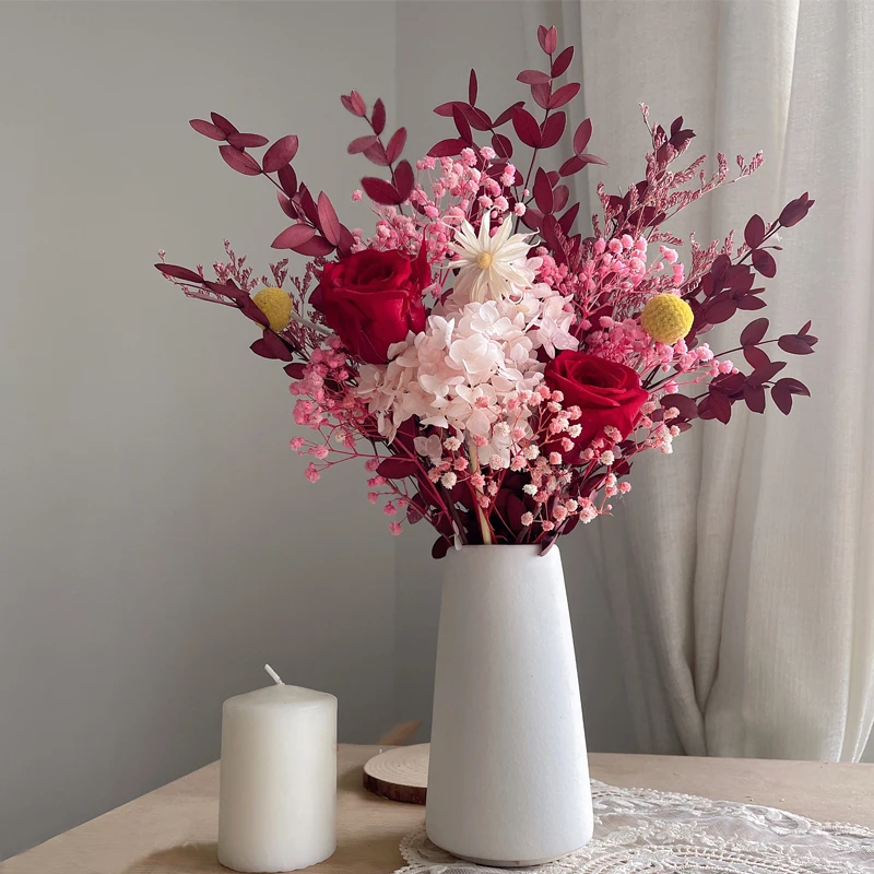 

Rose Lover Grass Decor Dried Natural Flowers Bouquet Eucalyptus Leaves Hydrangea Flower Wedding Marriage Decoration Accessories