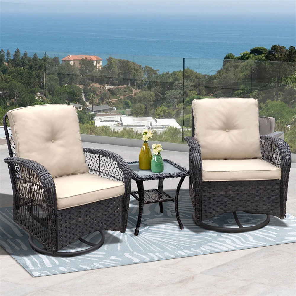 3 Pieces Conversation Set, Outdoor Wicker Rocker Swivel Patio Bistro Set Rocking Chair with Glass Top Side Table