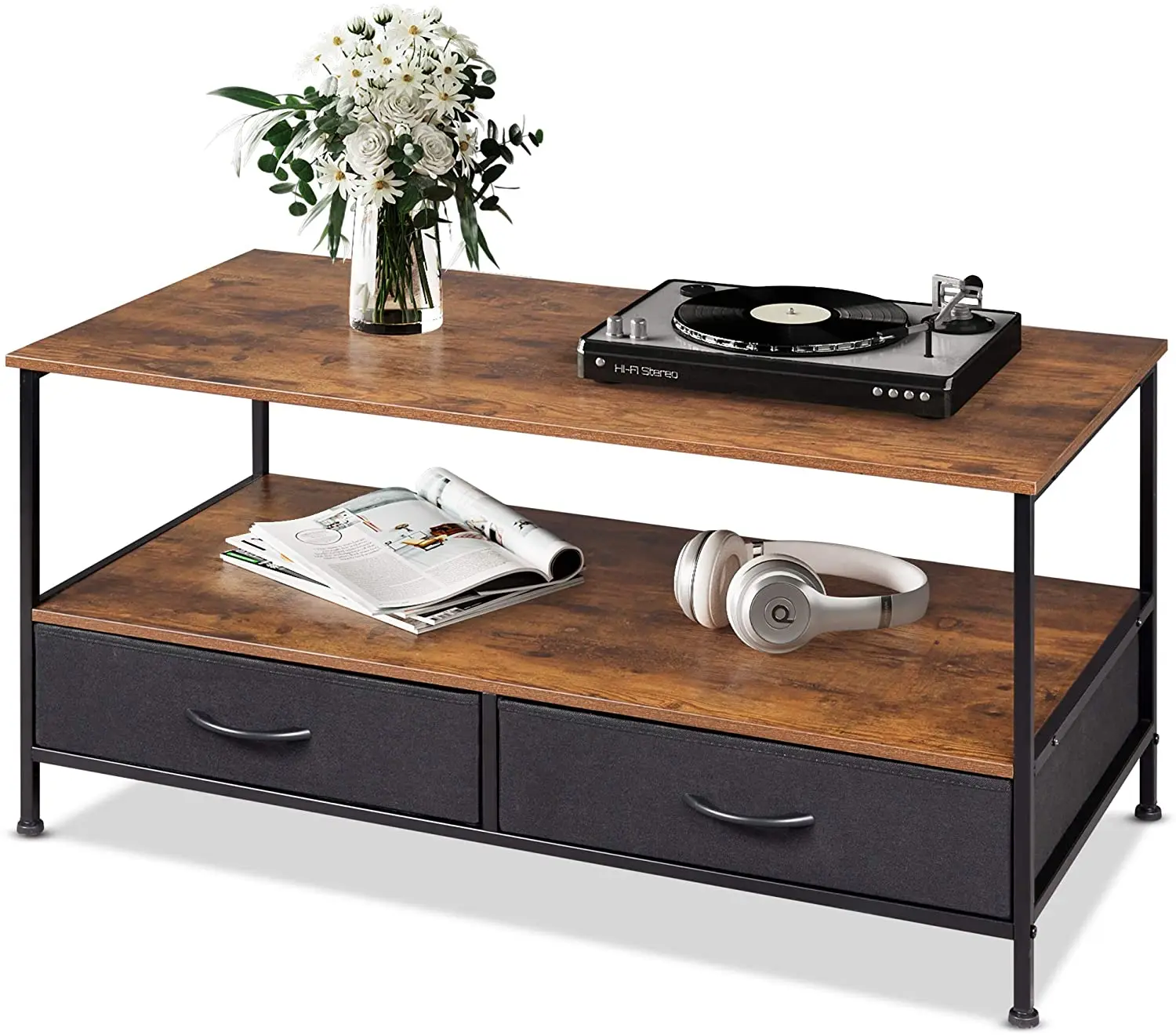 

Coffee Table Wood And Metal Cocktail Table With Storage Shelf And 2 Fabric Drawers Tea Table For Living Room Home Furniture