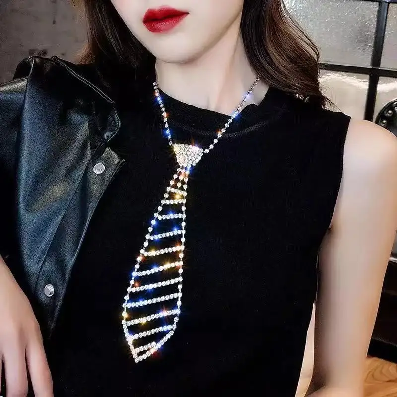 

Trendy women's crystal necktie Long Necklace Fashion shiny Rhinestone clothing with Necklace wedding jewelry gift accessories