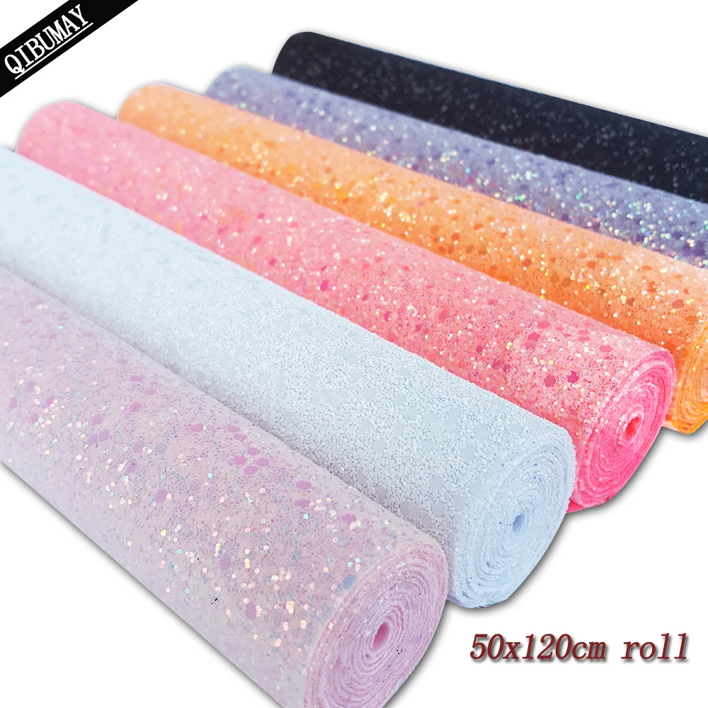 QIBU 50x120cm Synthetic Leather Roll Solid Color Chunky Glitter Fabric For Handmade Bags Shoes Crafts DIY Hairbow Accessories