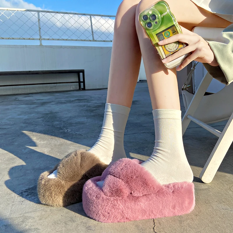 6CM Winter Slippers Women Fashion Cross Fluffy Fur Slipper Home Slides Platform Flat Indoor Floor Flip Flops Ladies Shoes 2023