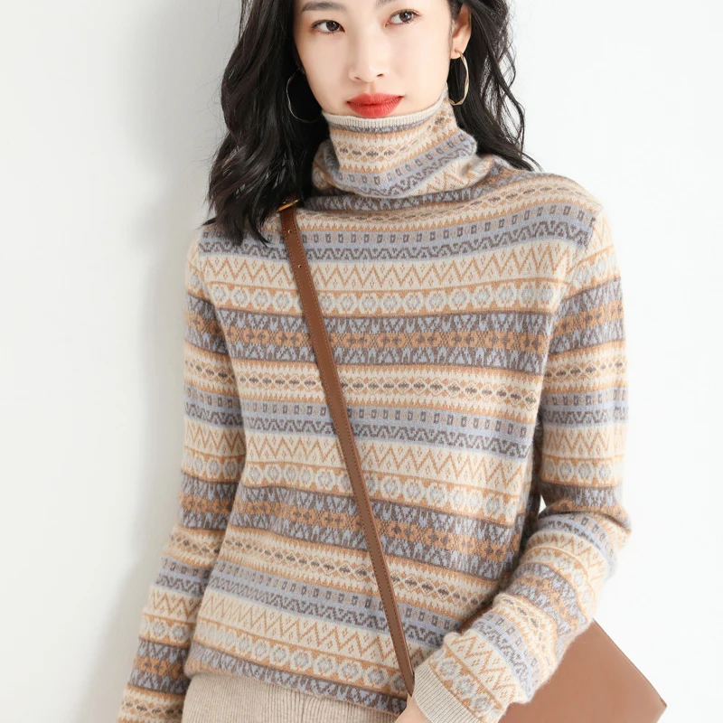 

Autumn and Winter New Thickened Knitwear Pile Up High Neck Sweater Women's Pullover with Long Sleeve Bottoming Slim Stripe Top