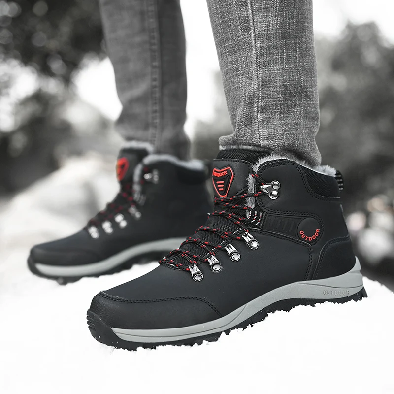 2022 Winter Men Boots Waterproof Leather Sneakers Warm Snow Boots Outdoor Hiking Boots Men Work Shoes Non-slip Trekking Boots