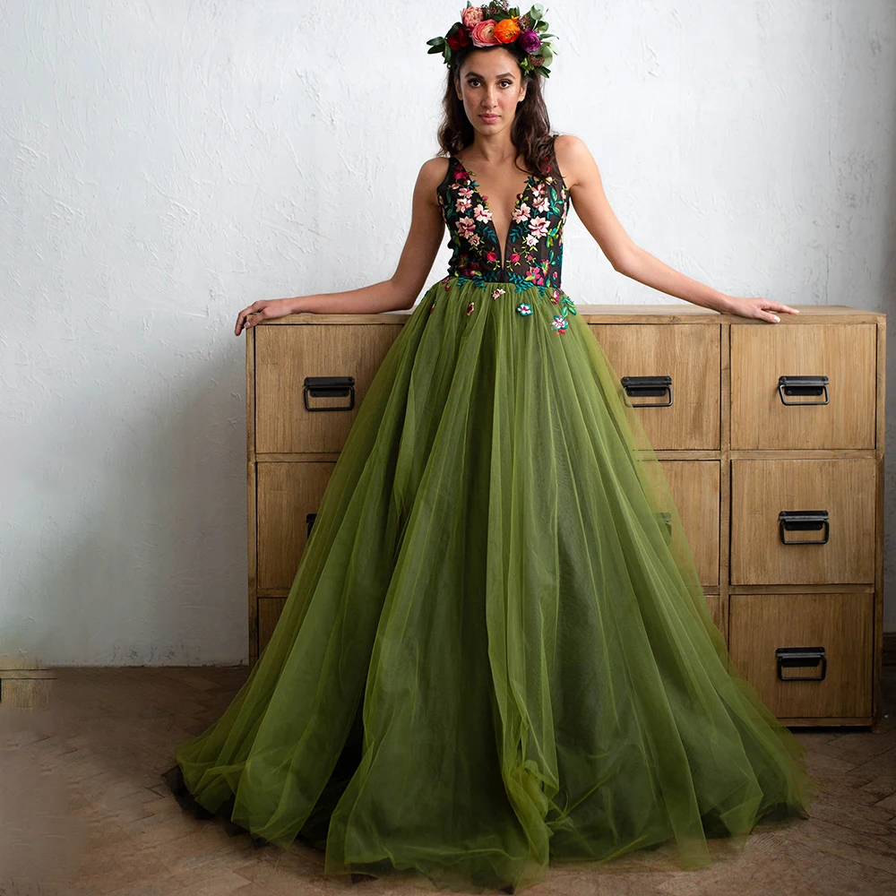 

Кружевное контрастное Тюлевое зеленое платье с вышивкой, индивидуальный пошив, V-образный вырез, открытая спина, цветные растительные цветочные платья для выпускного вечера
