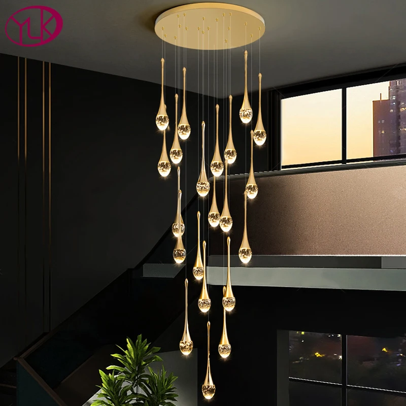 

Water-drop design led chandelier for staircase luxury hallway long spiral crystal lamp modern home decor hanging light fixture
