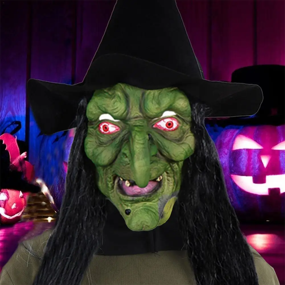 

Хэллоуин, ужас, старая ведьма с шляпой, косплей, страшный нос, большой костюм клоуна S, латексный Хаг, женская зеленая старинная вечеринка, Fac ...