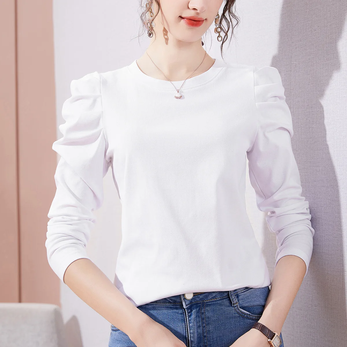 

Женская футболка с длинными рукавами-фонариками, хлопковая Футболка со складками в Корейском стиле, весна-осень 2023