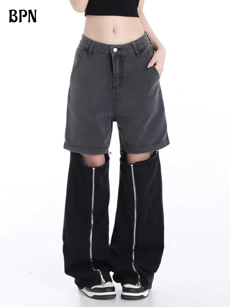 

Брюки BPN женские джинсовые со съемными вставками, модные широкие брюки с завышенной талией, на молнии, с вырезами, в стиле пэчворк