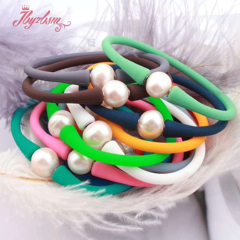 10mm Round Freshwater Pearl Silicone Bracelet Stone Beads Casual Waterproof For woman man Unisex Gift Bangle Bracelet 1 Pcs