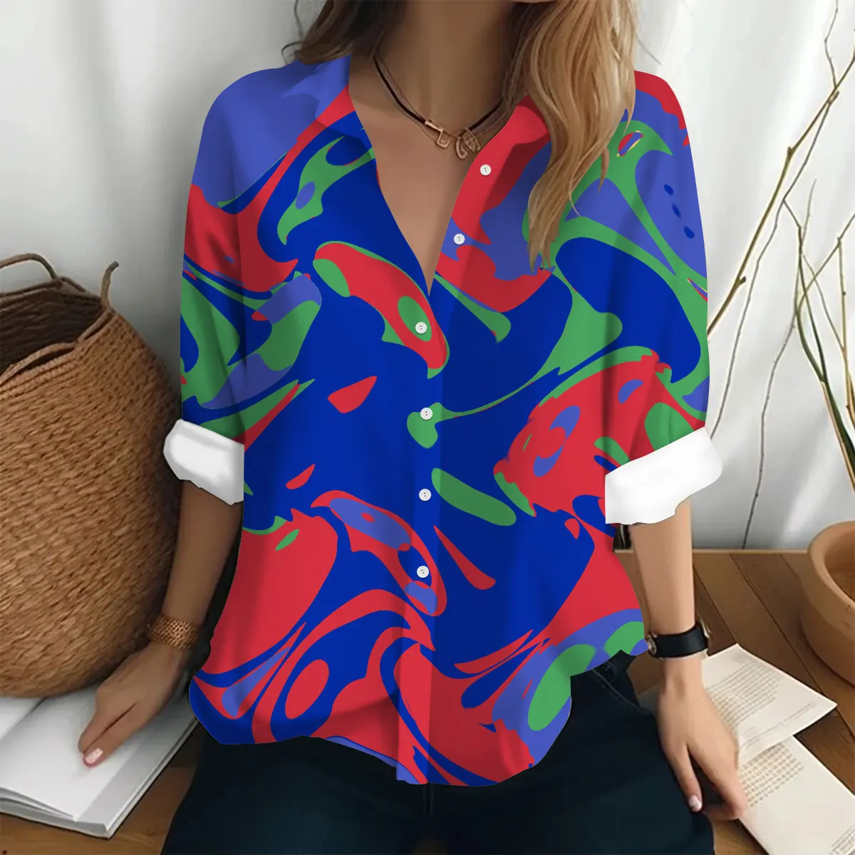 

Women's shirts & blouses,Colorful tassels 3D Printing 2024 Elegant women blouses Casual Long-sleeved Female clothing Tops camisa