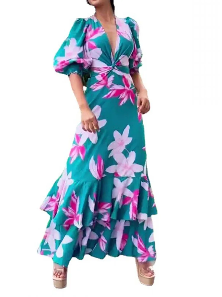 

Summer Maxi Dress Women Half Lantern Sleeve Corset V Neck Robes Fashion New Floral Print Elegant Chic Ruffle Splice Long Dresses