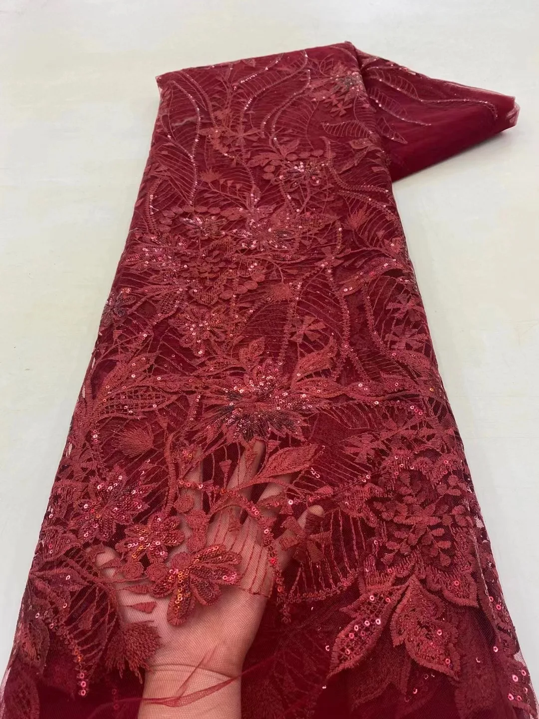 

Wine Latest African Lace Fabric 2023 High Quality Sequins Lace Fabrics Embroidery French Nigerian Tulle Lace Fabrics for Dress